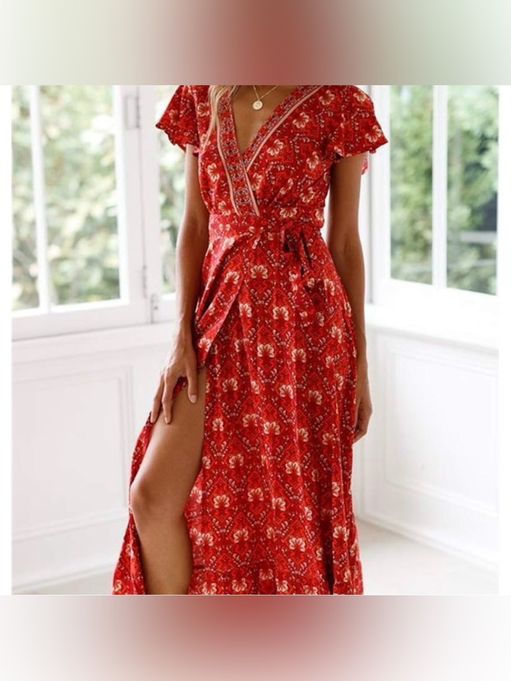 Boho Red Floral V-Neck Wrap Maxi Dress with Slit M - Picture 2 of 11